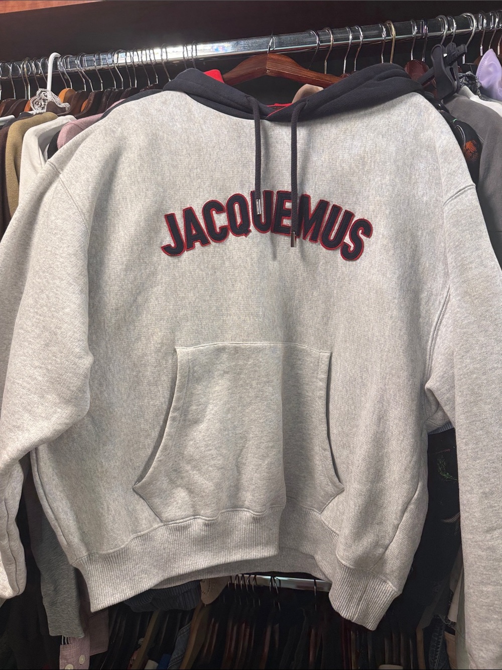 Jacquemus Grey Hoodie with Black Hood and Red-Outlined Logo